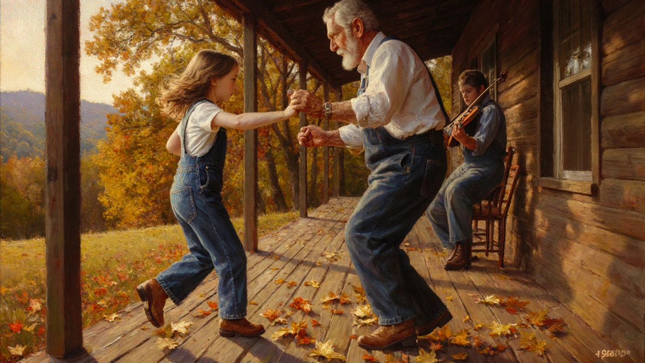 A young girl learning flatfooting from her grandfather on a wooden porch in northern Alabama, autumn leaves swirling around them.