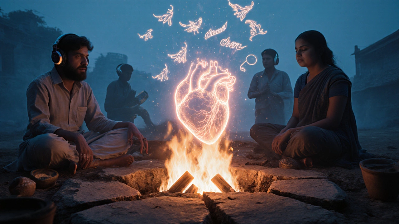 Abstract heartbeat made of floating folk syllables dissolving into natural elements, symbolizing fading tradition.