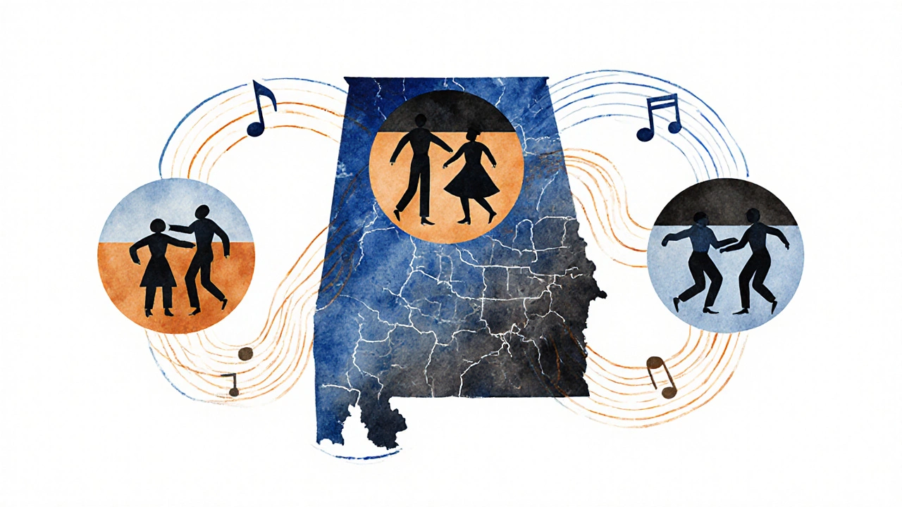 Abstract watercolor figures representing Alabama&#039;s folk dance traditions connected by rhythmic lines and roots, symbolizing cultural continuity.