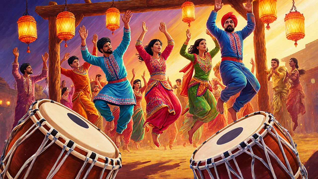 Bhangra dancers leap with colorful clothing while a Tumbi and Chimta are highlighted.
