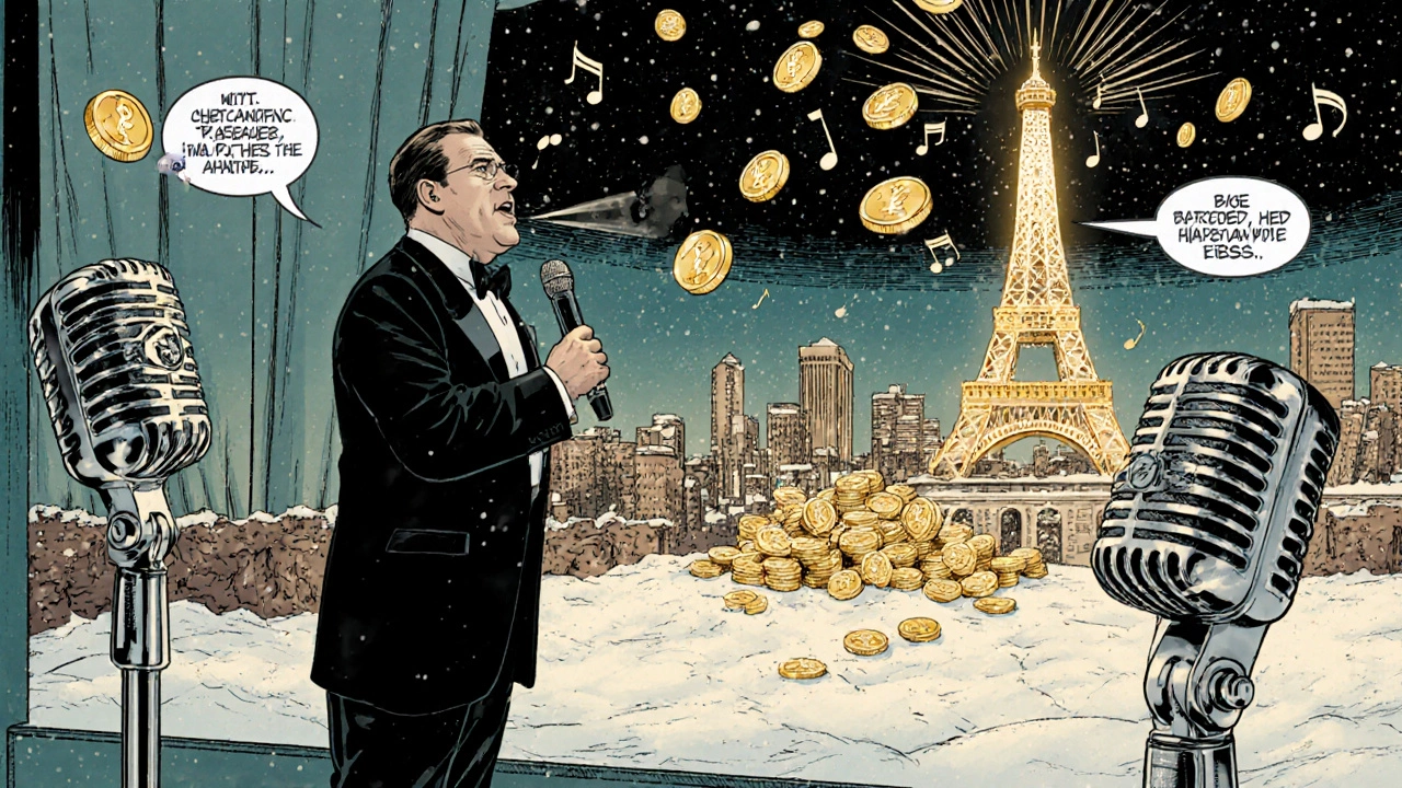 Bing Crosby performing on a 1940s set with floating music notes and gold coins.
