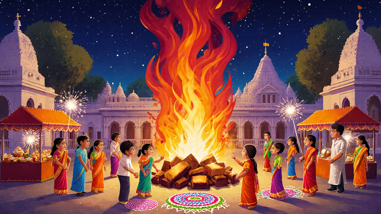 Brisbane Tamil temple courtyard lit by a large Deepam bonfire with crowds and food stalls.