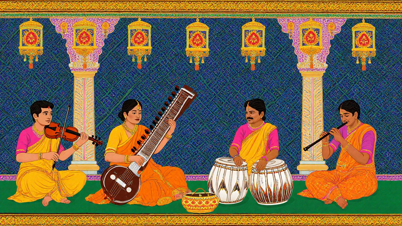 Carnatic concert featuring veena, mridangam, vocalist and other instruments in a colorful temple setting.
