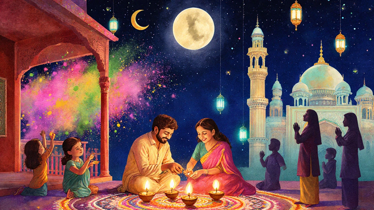 Colorful scene of Diwali lamps, Holi powder, and Eid lanterns together.