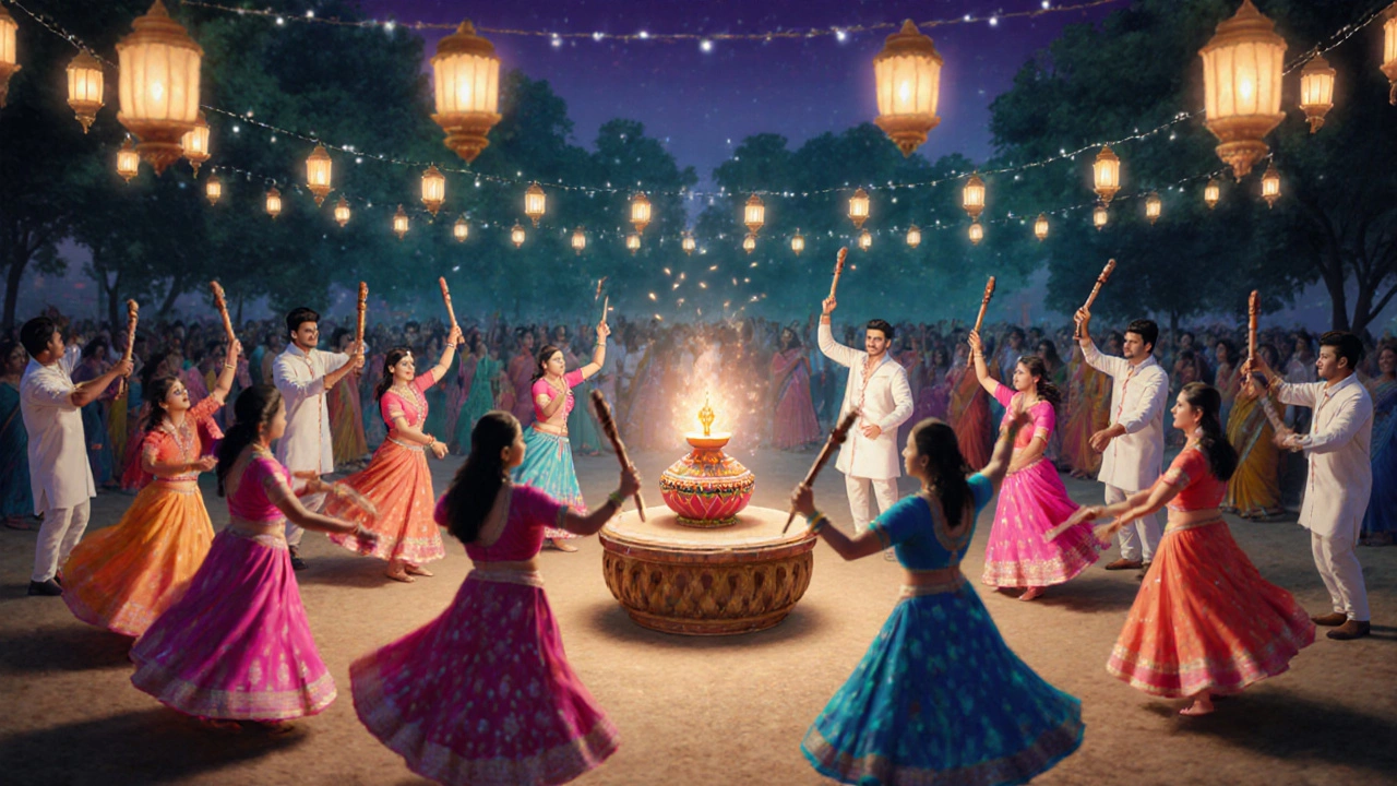 Crowded Garba dancers in colorful costumes twirl around a lit kalash.