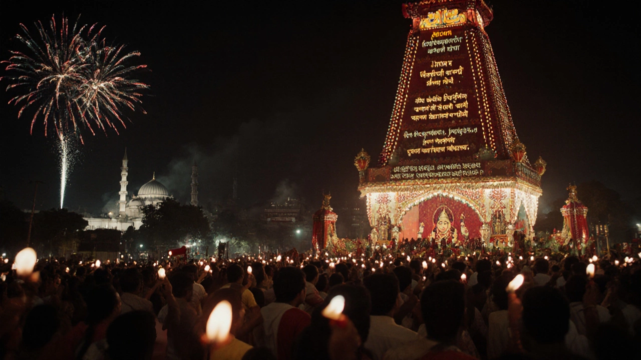 Durga Puja celebration with Bengali chants, English commentary, and fireworks.