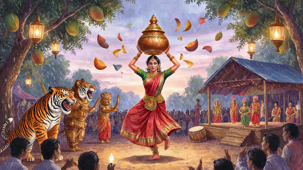 Festival performers doing Karakattam, Puliyattam, and Theru Koothu on a lively stage.