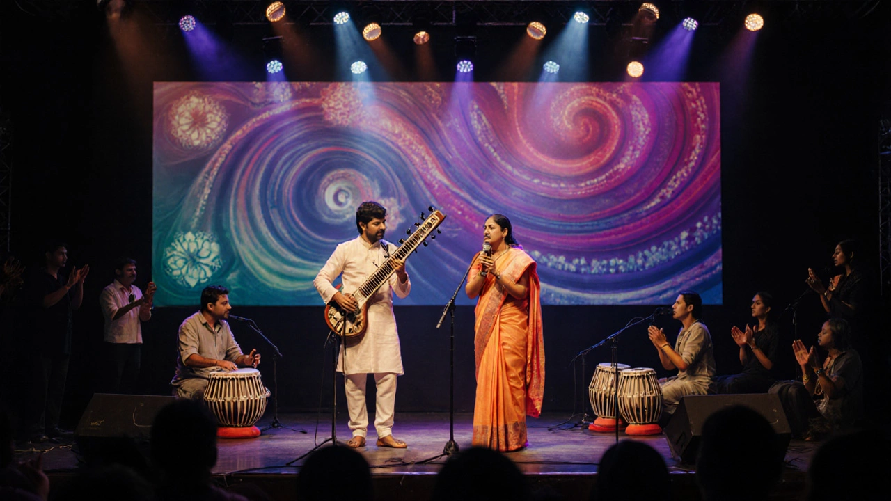 Fusion performance of Hindustani and Carnatic musicians on stage with audience clapping under colorful light projections.