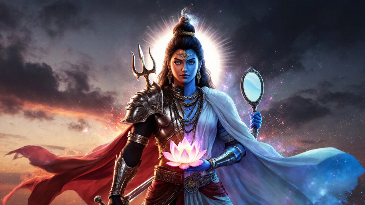 Gender‑nonbinary cambion with split armor and silk, Ardhanarishvara backdrop, sunrise‑sunset sky.