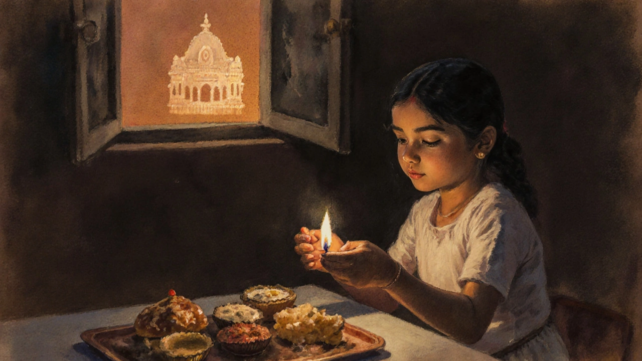 Girl lighting a single oil lamp beside traditional sweets in a softly lit home.