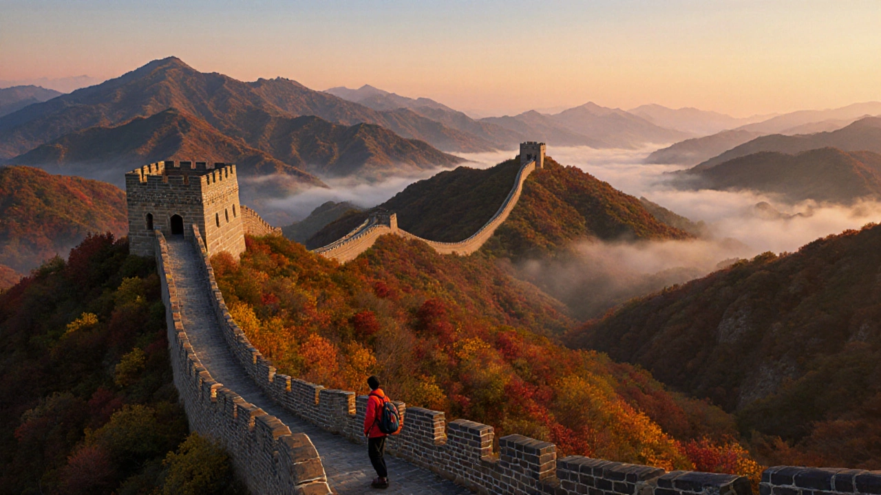 Great Wall winding over autumn-colored hills with a hiker pausing to view.