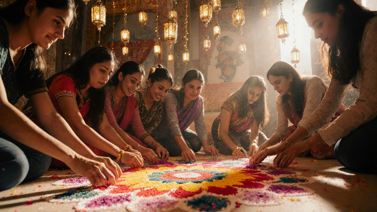 Group making rangoli together at a Diwali community workshop.