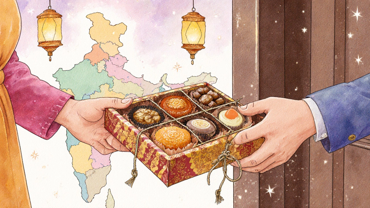 Hand giving a wrapped box of regional Indian sweets.