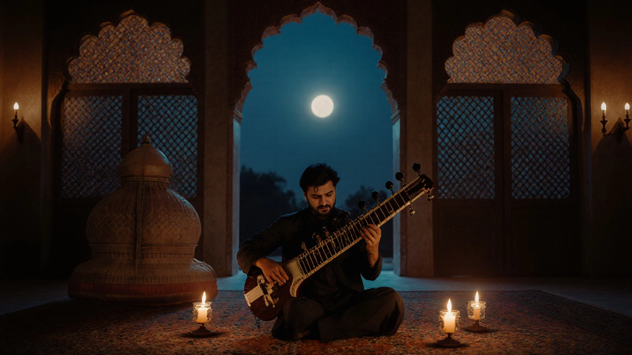 Hindustani sitarist performing alap in a Mughal court under moonlight, surrounded by Persian architecture.