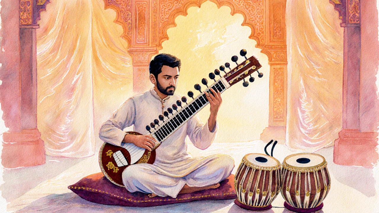 Hindustani sitarist performing an alap with tabla beside him under warm golden lighting.