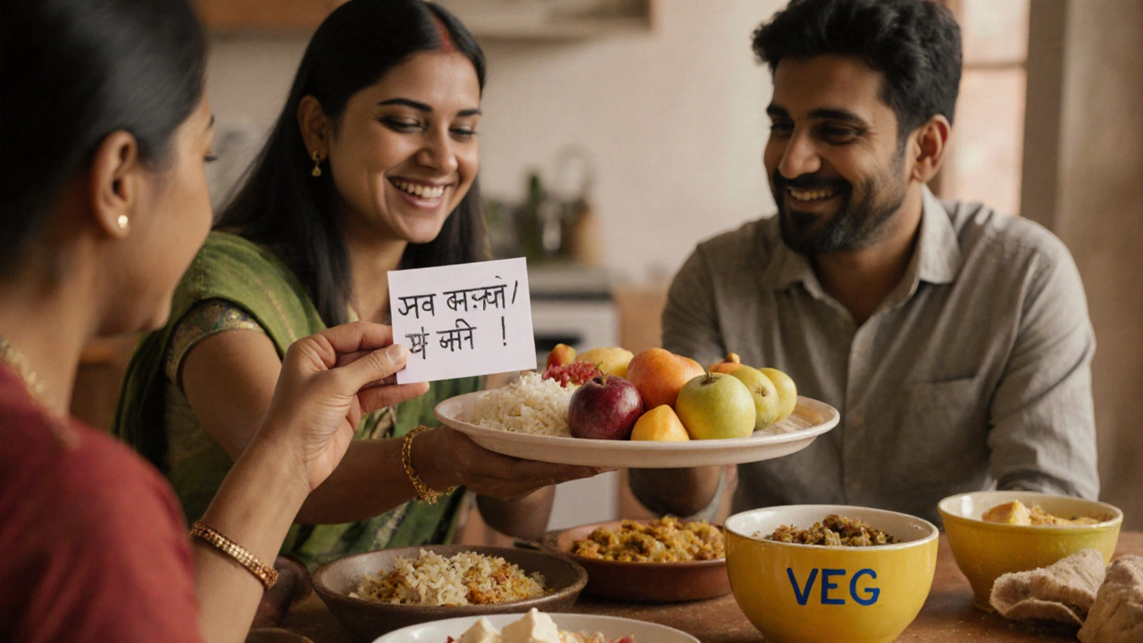 Host family offering fruit to a traveler holding a Hindi food-preference card in a kitchen.