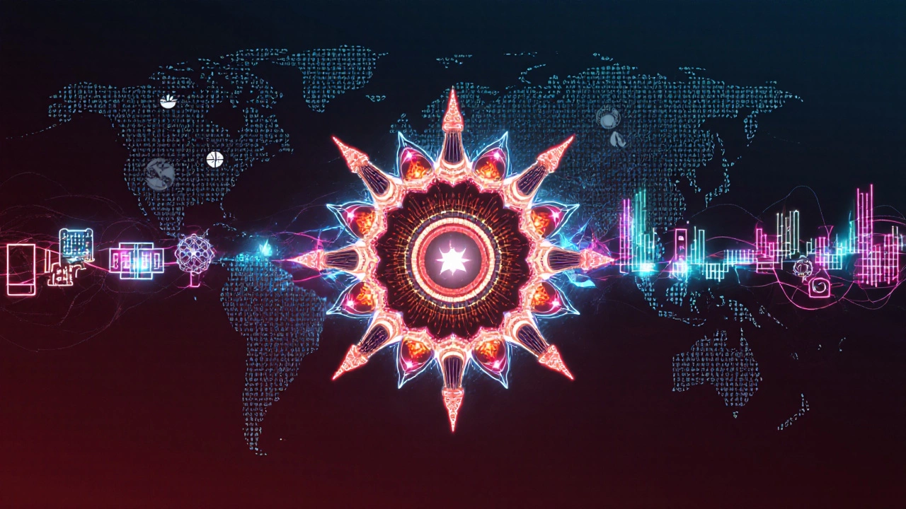 Indian folk instruments blending into neon streaming data waves over a globe.