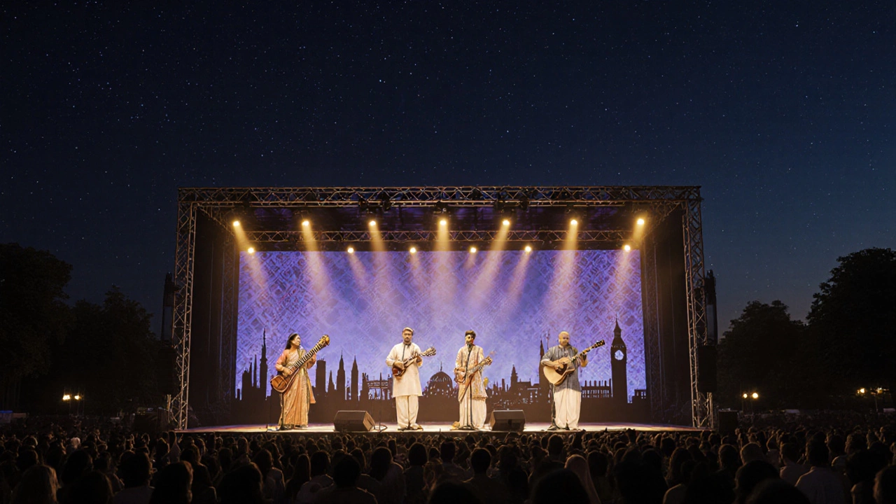 Indian folk singers share a night stage with Western musicians, under a starry sky and glowing cultural backdrop.
