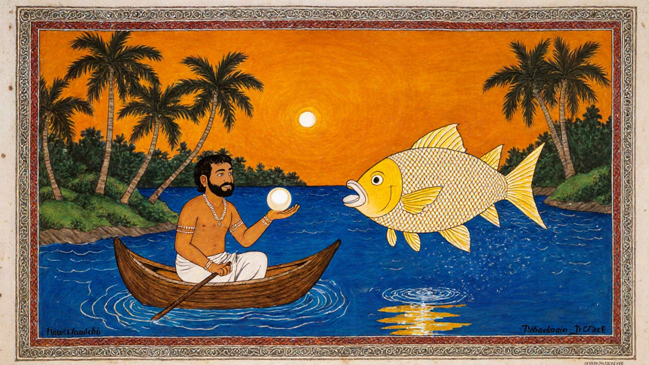 Kerala fisherman holds a glowing fish as a radiant Jalpari offers him a pearl, in miniature painting style.