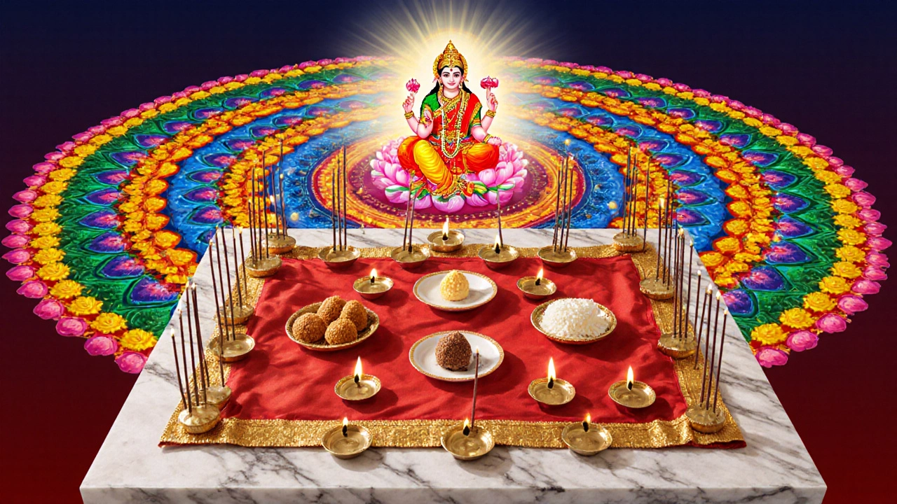 Lakshmi puja altar with sweets and colorful rangoli.