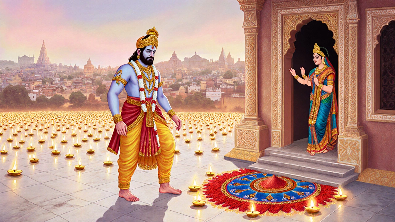 Lord Rama returning to Ayodhya amid glowing lamps and Lakshmi at a doorway.