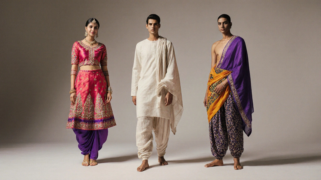 Models display lehenga shorts, salwar, and dhoti on a neutral studio backdrop.