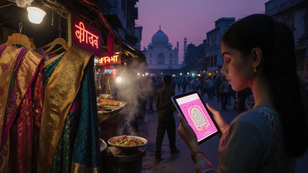 Modern Indian market with traditional clothing, food stalls, and a digital heritage display.