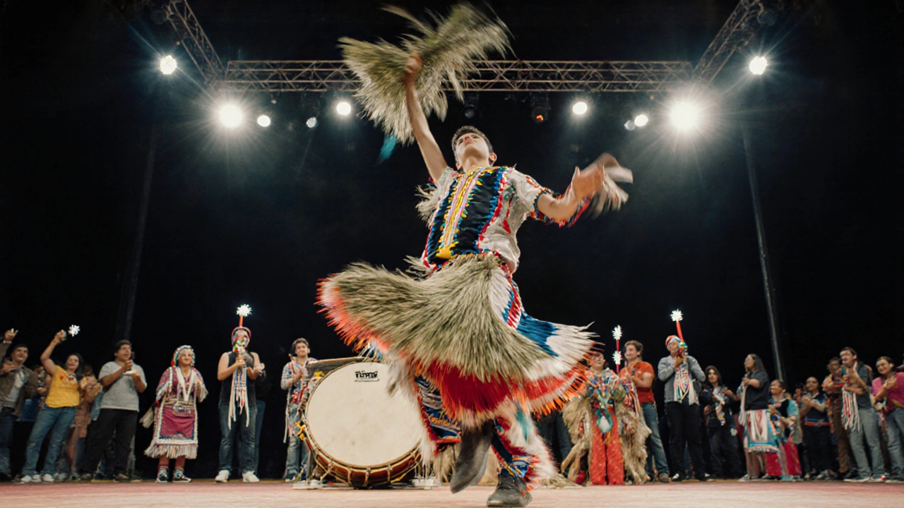 Modern powwow stage with a young dancer mixing traditional fringe and contemporary fabrics, releasing grass.