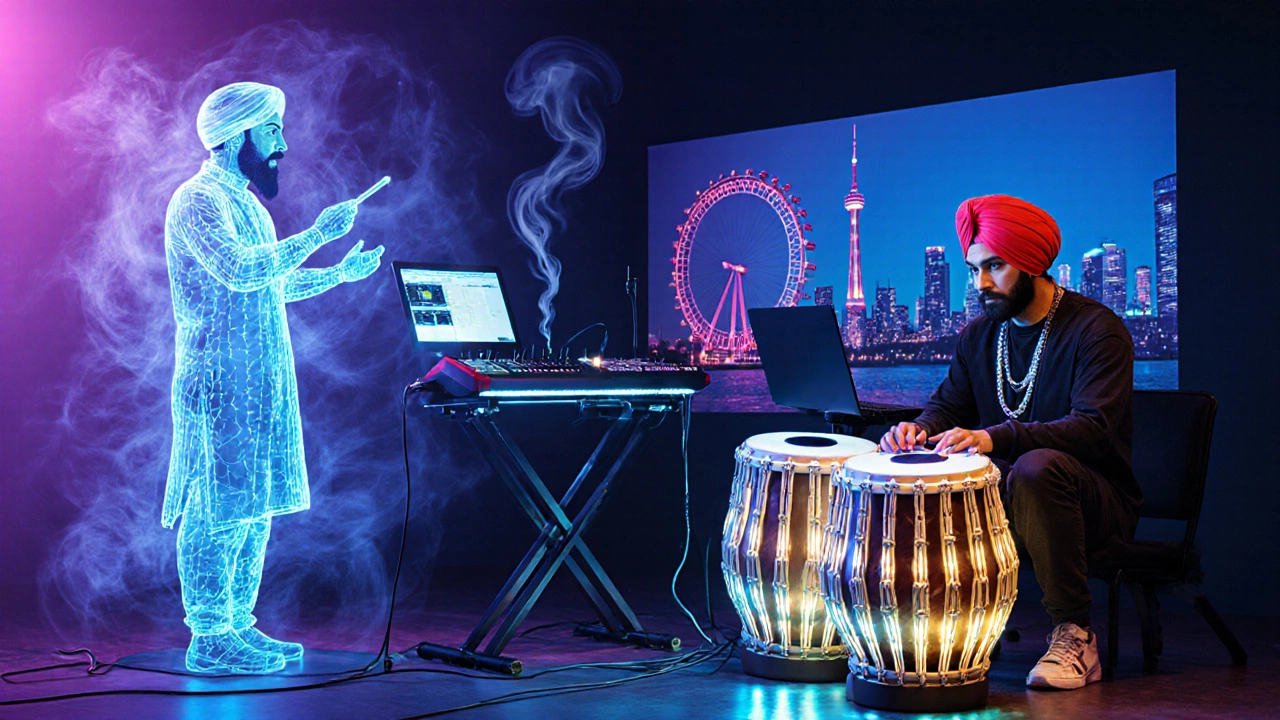 Modern studio merging neon lights, a Dhol, synthesizer, and holographic Sufi poet.