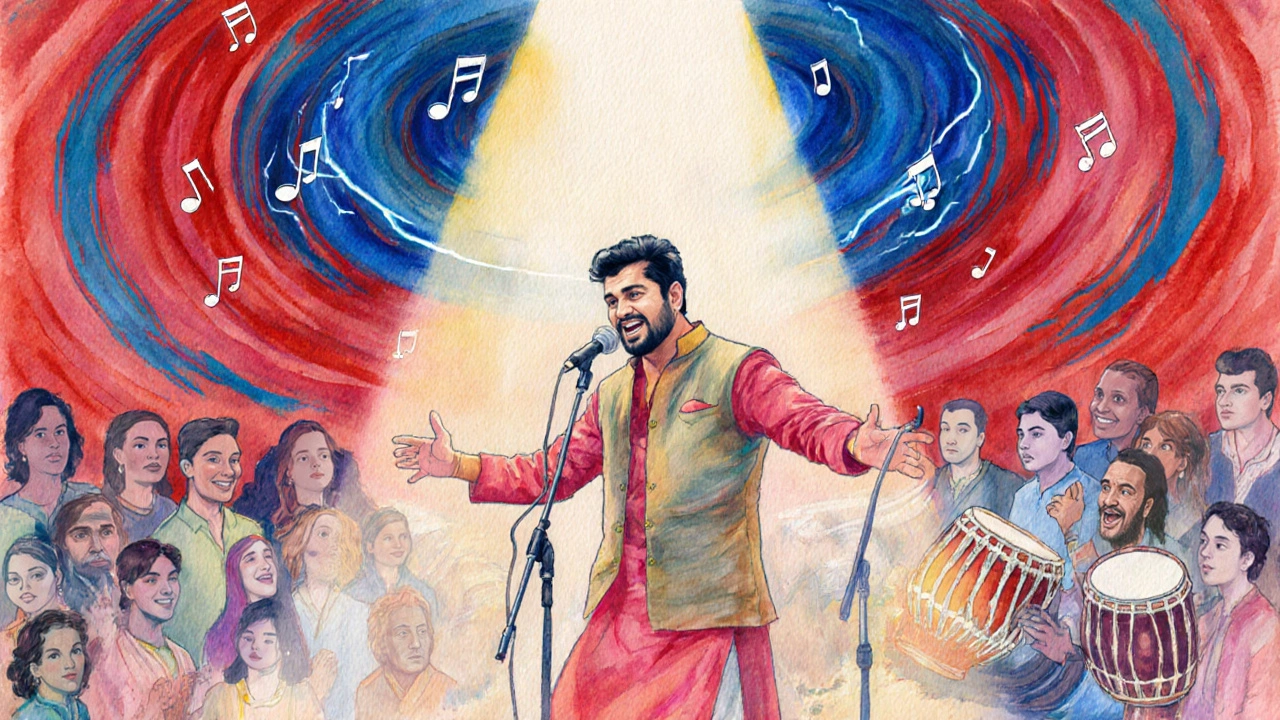 Mohan Veer sings "Jugni" on a festival stage, surrounded by vibrant lights and an enthusiastic multicultural crowd.