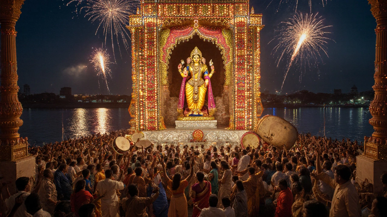 Night view of a glowing Durga Puja pandal with crowds, drums and fireworks in Kolkata.