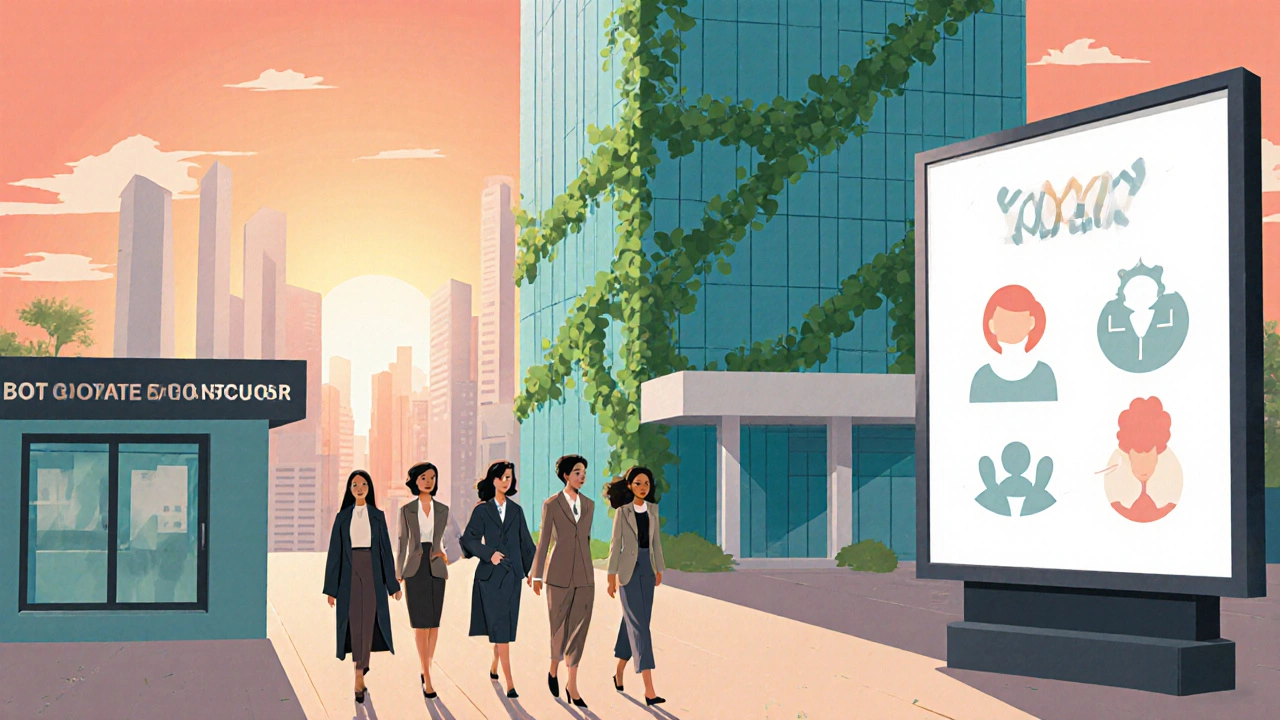 Optimistic cityscape with a modern court building and confident women heading to a counseling center.