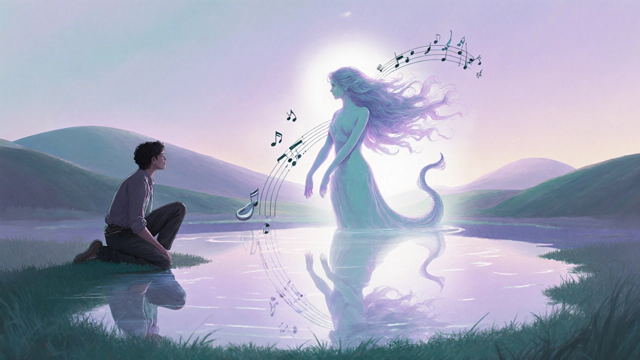 Person looks into a pond and sees the Jalpari reflected, surrounded by musical notes and mist.