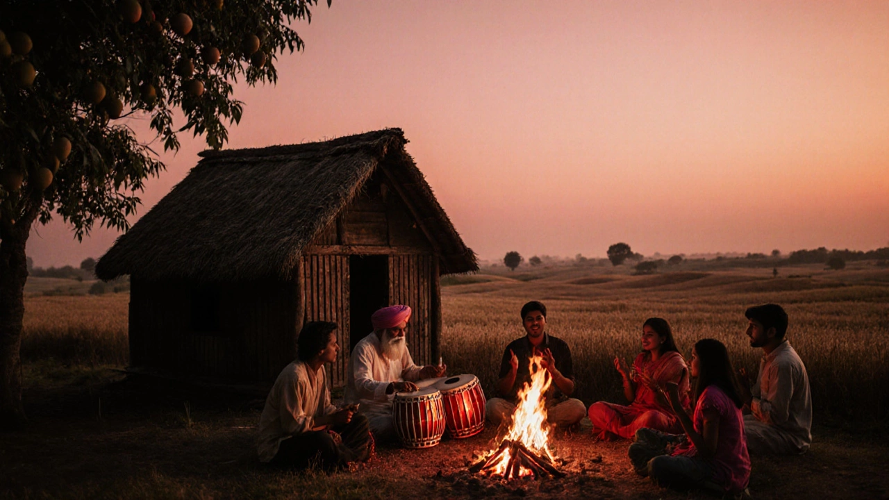 Punjabi countryside at dusk with a family singing and a Dhol player near a fire.