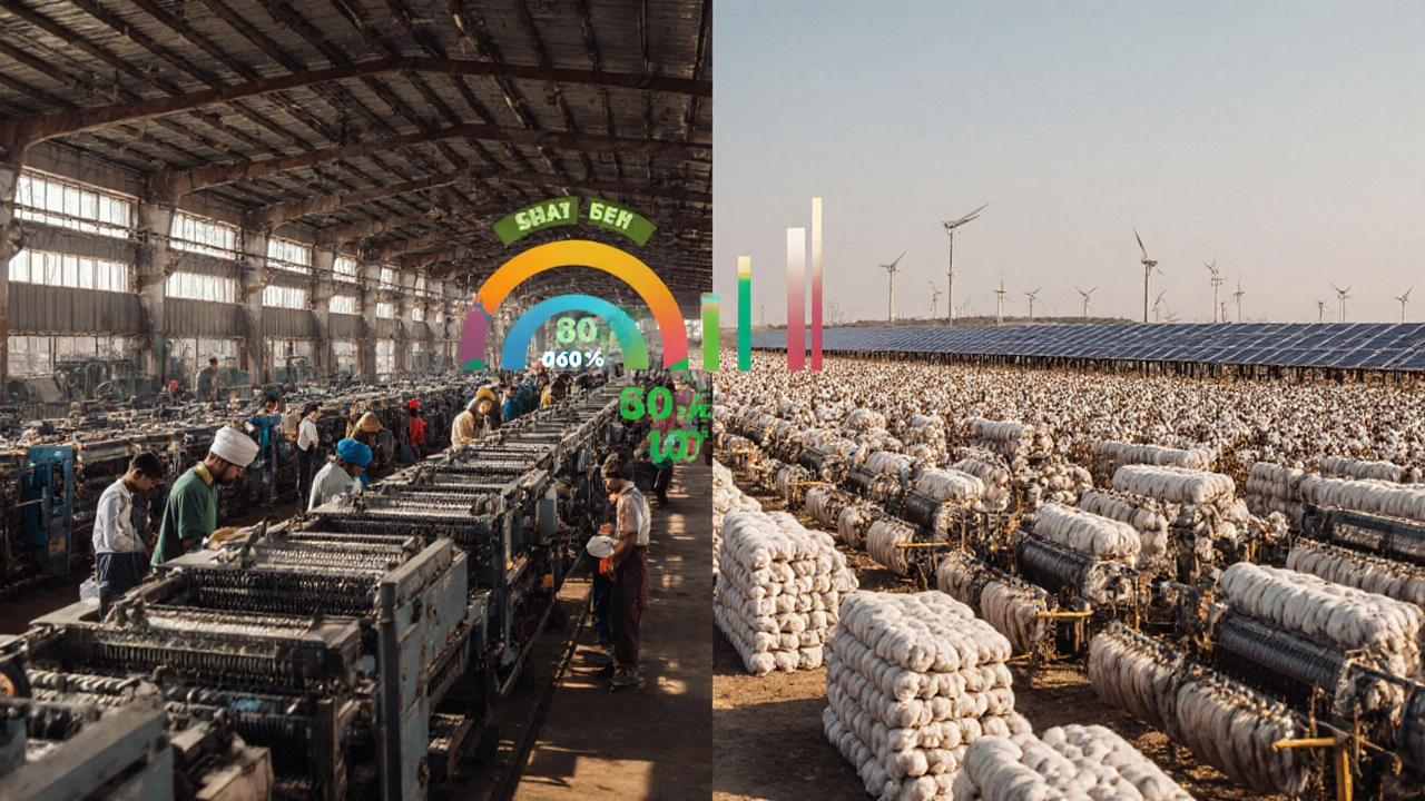 Side-by-side view of an Indian textile factory and a Pakistani cotton mill with solar panels.