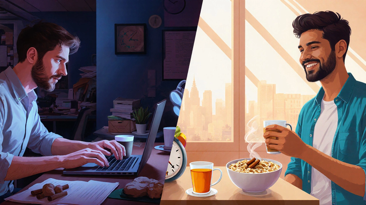 Split scene of professionals before and after simple Ayurvedic changes, showing improved energy.