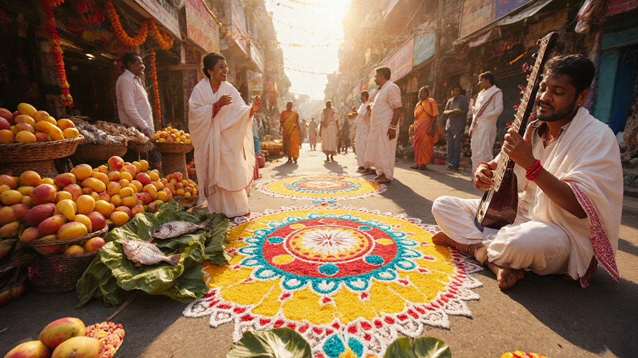 Sunlit Poila Boishakh street scene with rangoli, mango stalls, hilsa fish and festive crowds.