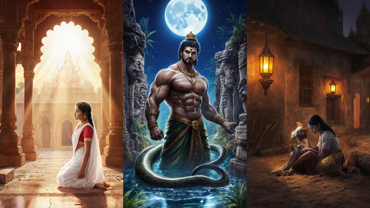 Three panels: girl worshiping Durga, male half-serpent guarding a spring, woman healing villagers.
