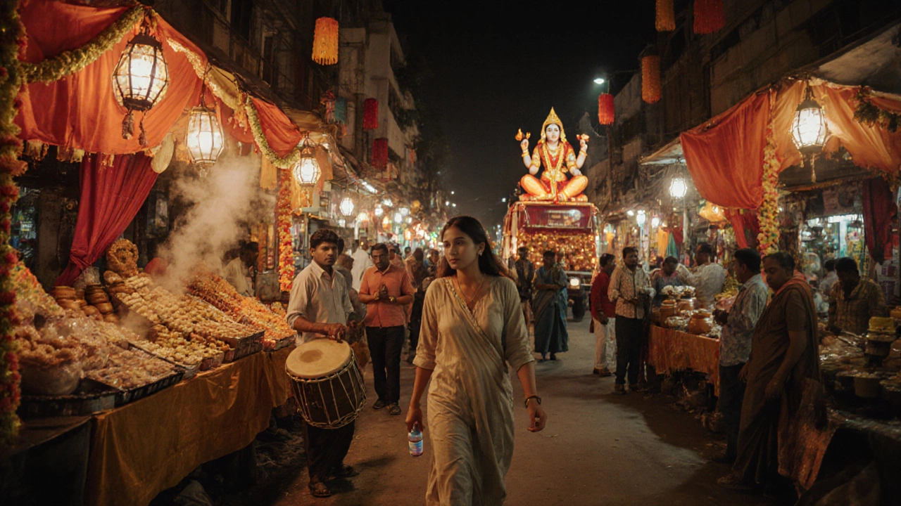 Tourist strolling through a lively Navratri market with food stalls and lanterns.