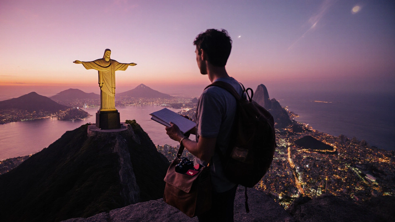Traveler silhouette at sunset overlooking Christ the Redeemer and Rio.