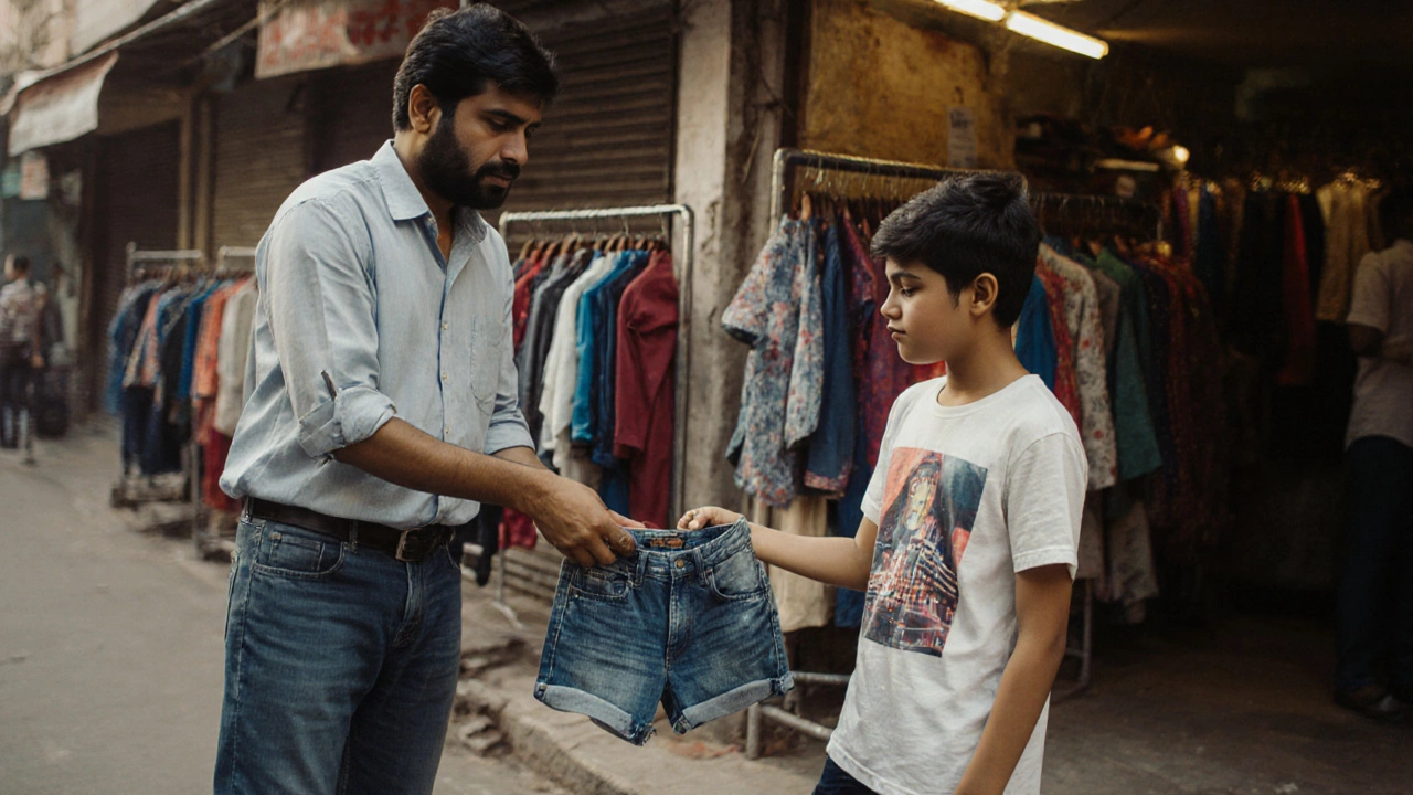 Vendor hands denim shorts to a teen outside a boutique, with traditional clothing nearby.