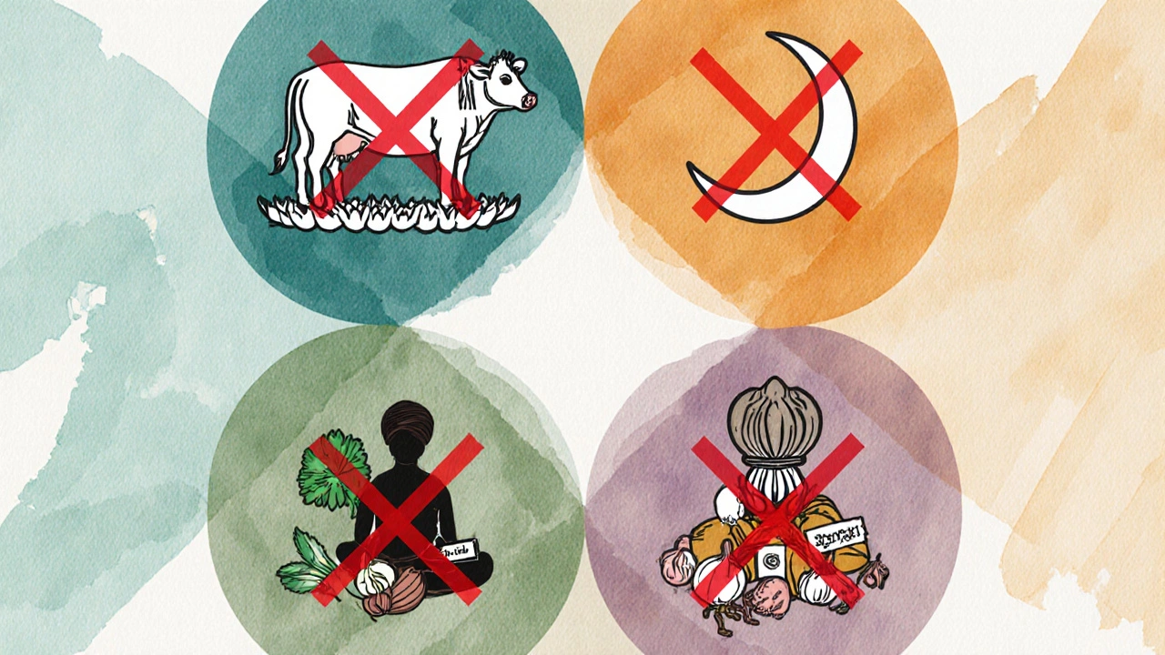 Watercolor illustration showing Hindu, Muslim, Jain, and Sikh food taboos with symbols.