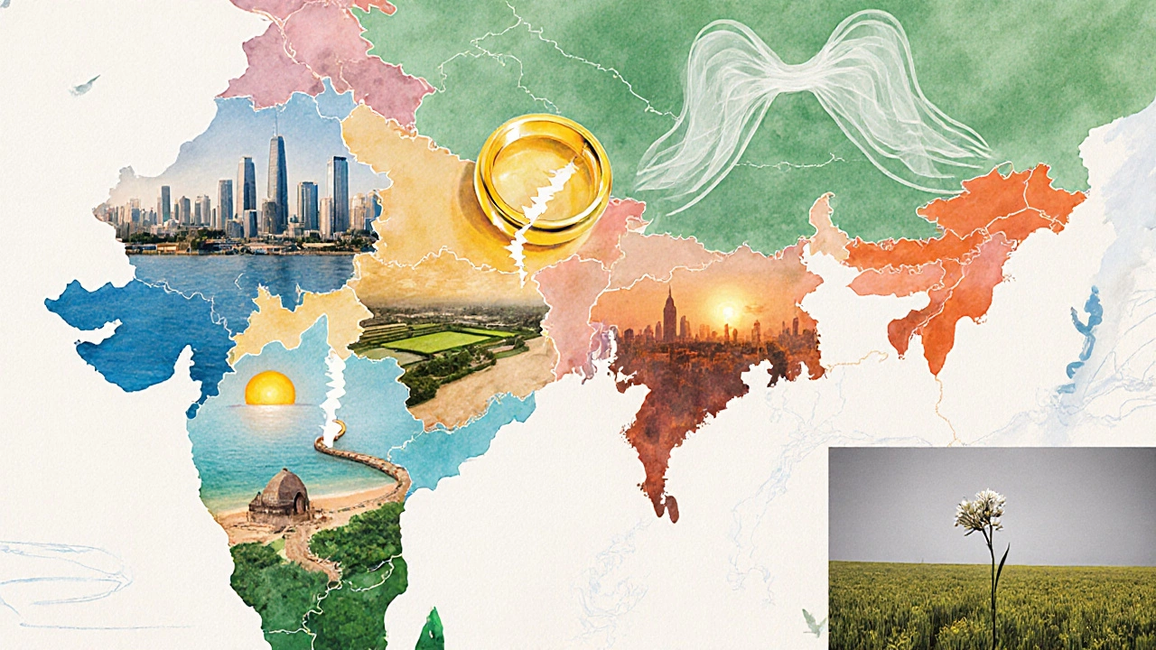 Watercolor map shows Indian states with symbolic scenes reflecting varying divorce rates.