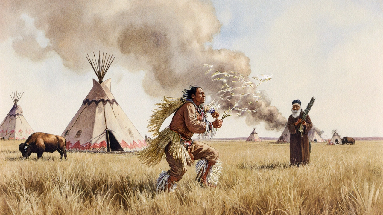 Watercolor of a historic Sioux camp where a grass dancer moves amid teepees and prairie grass.