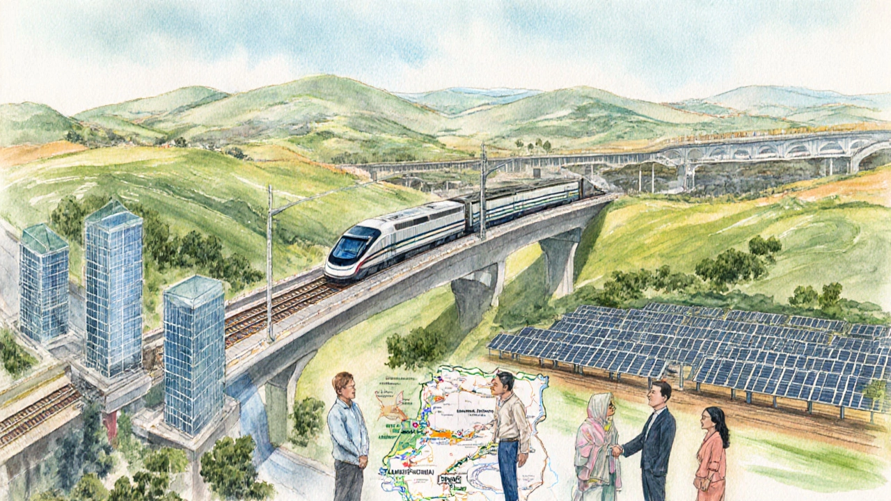 Watercolor scene of a high‑speed train crossing the Punjab border with tech parks and solar farms.