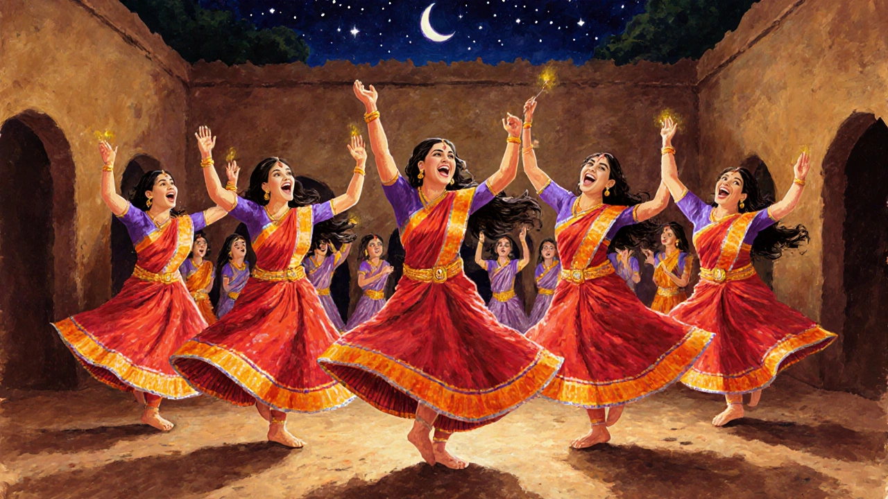 Women dancing in a circle during Odisha Dalkhai folk performance, singing rhythmic nonsense syllables under torchlight.