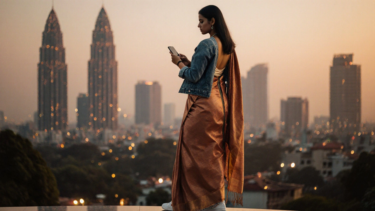 A young woman in a modern silk saree with sneakers and a denim jacket, standing in a city at sunset.