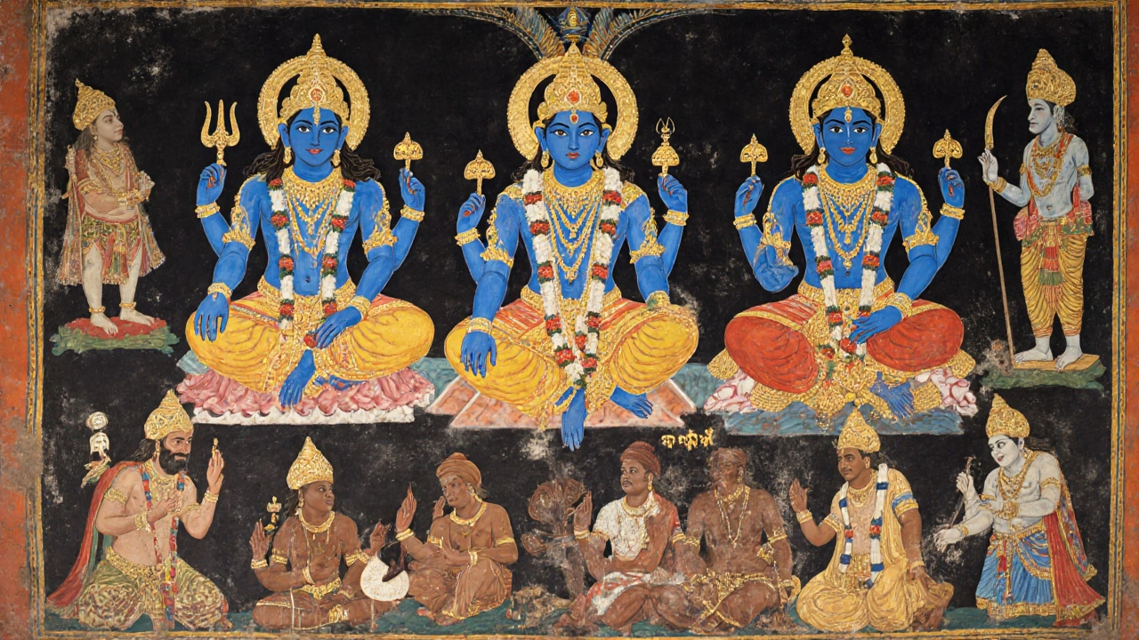 Ancient temple mural showing three blue-skinned deities contrasted with brown-skinned humans in traditional Indian style.