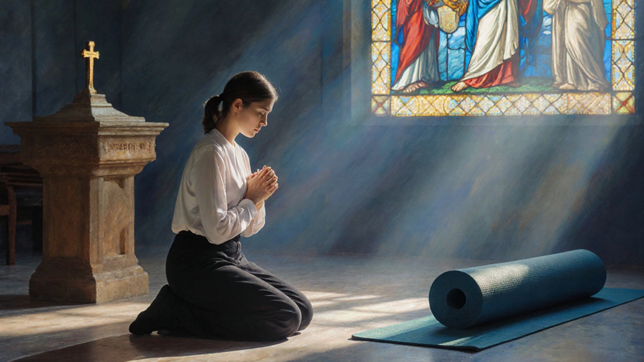 Catholic woman praying before a tabernacle with a folded yoga mat beside her.