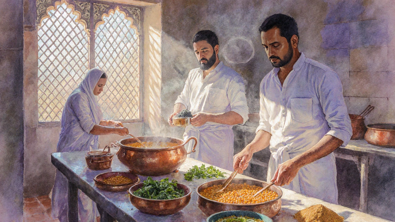 Devotees preparing pure vegetarian meals in a Swaminarayan temple kitchen with sunlight filtering through lattice windows.